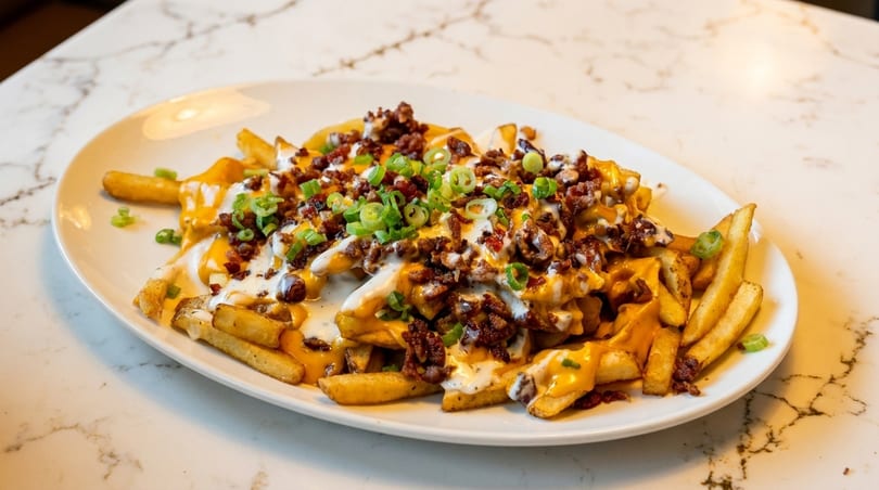 Loaded fries with melted cheese, bacon bits, ranch dressing, and chopped green onions on a white plate.