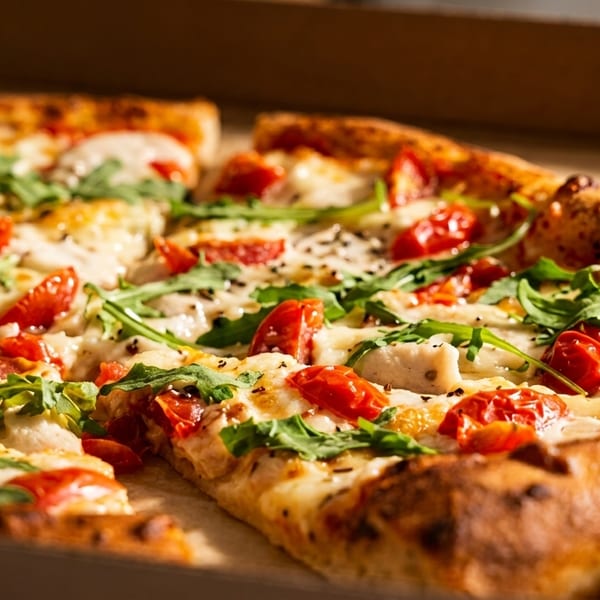 Close-up of a pizza with cherry tomatoes, arugula, and cheese in a cardboard box.