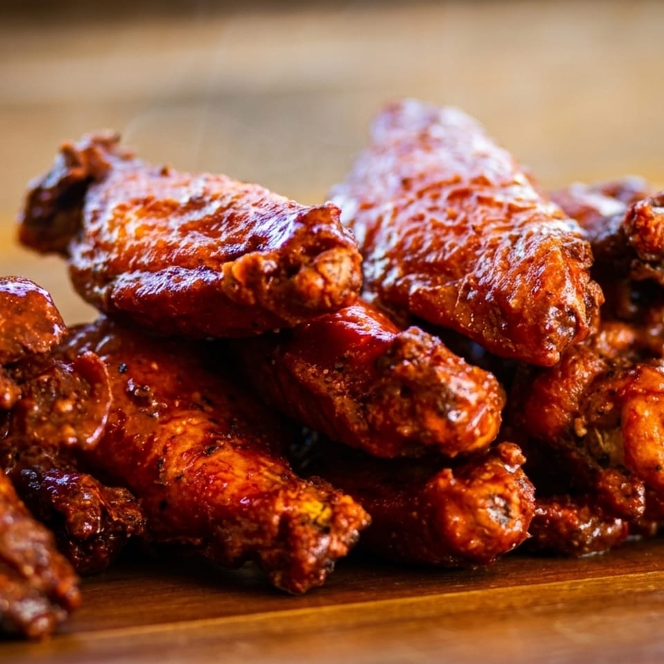 Close-up of a pile of glistening, saucy chicken wings on a wooden surface.