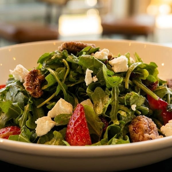 A fresh arugula salad with strawberries, goat cheese, and candied pecans in a white bowl.