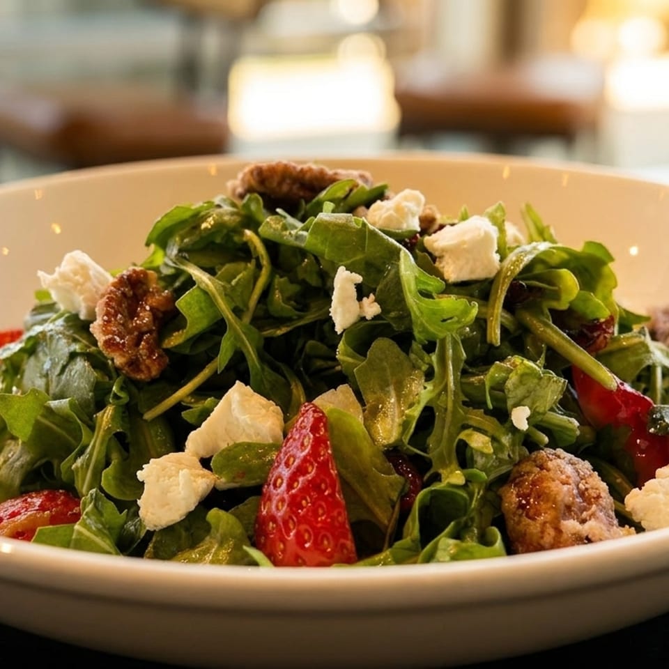 A fresh arugula salad with strawberries, goat cheese, and candied pecans in a white bowl.