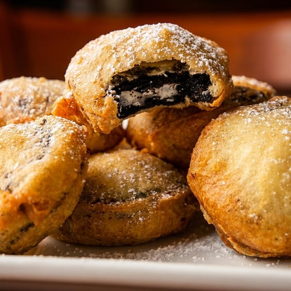 A plate of golden-brown deep-fried Oreos dusted with powdered sugar, one with a bite taken.